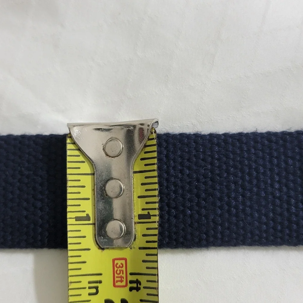 Mens Navy Blue Surcingle Canvas Leather Belt Brown Trim Solid Brass Buckle 34